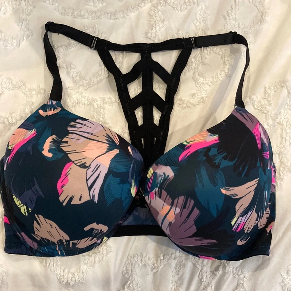 Pink wear everywhere push up black floral strappy racerback size 36DD! - Picture 1 of 7